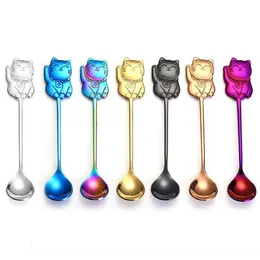 100pcs / lot Lucky Cat Café Stir colher de aço inoxidável colorido Sobremesa Pudim de Chá Colher Louça Cozinha Copa Decor SN4829