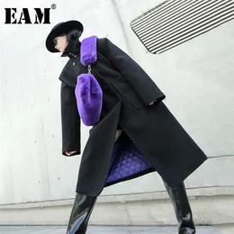 [EAM] Cappotto di lana di grandi dimensioni a contrasto nero con vestibilità ampia Parka Nuova moda donna a maniche lunghe Marea Primavera Autunno 2020 - LJ201202
