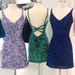 Fioletowe cekiny Vestido de Formatura 2020 HOCO Sukienka do domu Krótki / Mini Vestidos de Graduación z paskami Skłonka Green Blue V-Neck