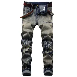 Jeans da uomo con toppe strappate elastiche 2022 Nuovi pantaloni stropicciati con ricamo da motociclista Foro distrutto Jeans hip-hop di alta qualità slim fit