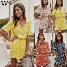 Womail المرأة ارتداءها الصيف عارضة dot الطباعة clubwear ارتداءها الخامس الرقبة قصيرة الأكمام بذلة زر playsuits روبا موهير 6.29 T200704