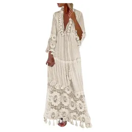 Casual White Dress Long Sleeve Dress Fashion Bohemian Large Size V-Neck Solid Color Lace Tassel Long Dresses vestido de mujer 220310