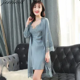 Jerrinut Silk Stain Robe Nightgown Summer Lace Night Dress Sleepwear Nightie Homewear M L XL 2XL Lingerie Bathrobe Gown LJ200822