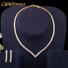 CWWZircons Muito Brilhante Zircônia Cúbica Pave Amarelo Ouro Cor Gargantilha Feminina Festa Colar e Brinco Conjunto de Jóias Noivas T421 201222