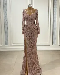 Aso Ebi 2020 Arabiska Lace Beaded Luxurious Evening Dresses Deep V-Neck Prom Klänningar Mermaid Formell Party Andra receptionen Gäster ZJ266