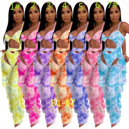 Women Tie Dye Printing Swimwear Designer Bikini 2 Two Piece Swimsuit Sexy Mesh Bandage Bra Ruffle Long Pants Summer Plus Size Bathing Suits 2022 trends