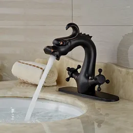 Partihandel och detaljhandel olja Rubbed Bronze Badrum Kran Chines Dragon Kran Vanity Sink Animal Sink Mixer Tap Dual handtag1
