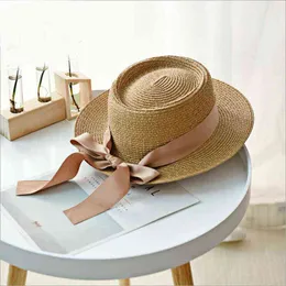 New Summer Sun Hats For Women Fashion Girl Straw Hat Ribbon Bow Beach Hat Casual Straw Flat Top Panama Hat Bone Feminino G220301