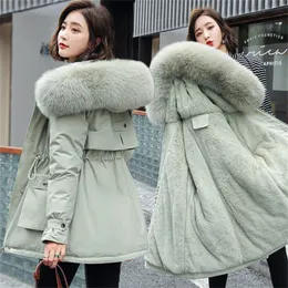 Artı Boyutu Gevşek Pamuk Yastıklı Uzun Coat Sıcak Kalınlaşmak Kapşonlu Kadın Giyim Moda Büyük Kürk Yaka Parkas Kadın Kış Ceket 201209