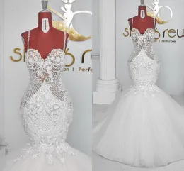 Elegante encaje Aso Ebi vestido de novia de boda con correas sirena talla grande vestidos de trompeta nupcial tul Sexy cariño 2022 Vestido de novia Robe De Mariage