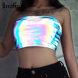 InsGoth Colorful Reflective Camis Holographic Lace Up Hollow Out Strapless Crop Top Women Streetwear Party Sexy Camiseta Top Y200701