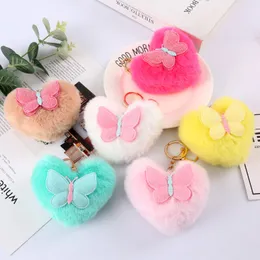 Heart Shape Hair Ball Key rings Plush Pompom Car Keychain for Women Bag Ornaments Cute Butterfly Key Chain Holder