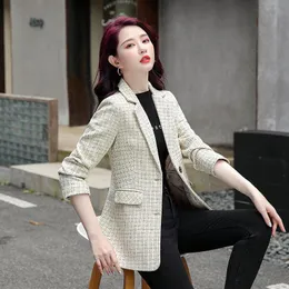 Damskie Garnitury Blazers Kobiet Lattice Turn Collar Moda Office Lady Długi Rękaw 2021 Business Chic Casual Wygodne Proste Vintage Jack