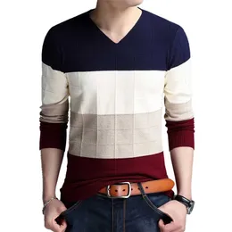 TFETTERS Markenpullover Herbst Herren Langarm T-Shirt V-Ausschnitt Slim Pullover Gestricktes gestreiftes Hemd Große Größe M-4XL 211221