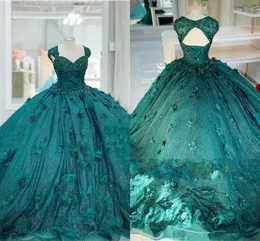 2023 glitter tyll korta mössa ärmar quinceanera klänningar 3d blommor pärlstav kristall handgjorda blommor prom formell special tillfälle klänning kvinnor