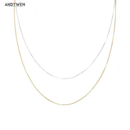 Andywen 925 Sterling Silver Gold Long Box Chain Choker Halsband 2022 Kvinnor Bröllop Tunna Liten Lyx Smycken Kristall