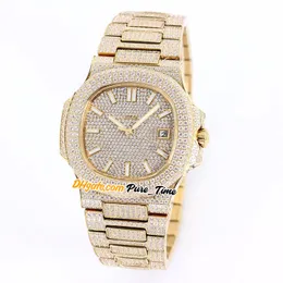 Najlepsza wersja Nowy Sport 5711 5719 Gypsophila Miyota 8215 Automatyczny Mens Watch Stick Mark 18k Yellow Gold Wszystkie zespoły diamentowe Zegarki Pure_Time