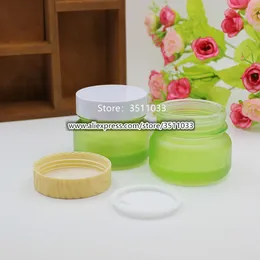 Barattolo per crema in vetro verde smerigliato da 50 g con tappo in legno color design Contenitore per bottiglia per pompa per lozione cosmetica da 50 ml