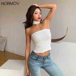 NORMOV Women Tops Cotton Summer Sexy Sleeveless Knitted Top Patchwork Halter Solid Casual Skinny Slim Short T-Shirts G220228