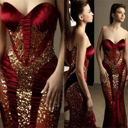 Rami Salamoun New Sexy Mermaid Red Burgundy Velvet Evening Dresses Wear Sweetheart Gold Crystal Beads Illusion Party Dress Formal Prom Crows