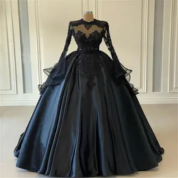 Duże koraliki Prom Dresses Czarne Satynowe Długie Rękawy Appliqued Koronki Puffy Suknia Wieczorowa Ruched Sweep Pociąg Formalna Sukienka Pagewanta Wykonana