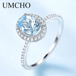 Umcho gökyüzü mavi topaz taş yüzükler kadınlar için hakiki 925 ayar gümüş yüzük oval romantik hediye lüks nişan takı Y200321