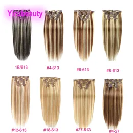 Malese 100% capelli umani lisci 1B / 613 4/613 # 6/613 # 27/613 clip nelle estensioni dei capelli 14-24 pollici prodotti per capelli con clip colore pianoforte