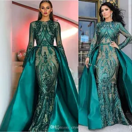 2020 Sexy Red Green Prom Dresses Jewel Neck Long Sleeves Sequined Lace Mermaid Detachable Train Sequins Overskirts Evening Party Gowns Wear