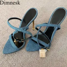 Runway Metal Thin High Heel Sandals Women Pointed Toe Narrow Band Gold Lock Decor Ankle Strap Sandalias Summer Sexy Party Shoes1
