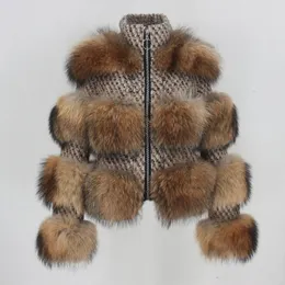 OFTBUY New Real Fur Coat Winter Jacket Women Natural Raccoon Fur Weave Wool Fabric Stand Collar Plaid Outerwear Streetwear
