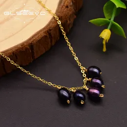 GLSEEVO Natural Fresh Water Purple Pearl 925 Sterling Silver Chain Necklace For Women Wedding Pandant Fine Jewellery GN0108 Q0531