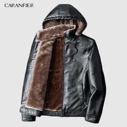 Caranfier Winter Mens Leather Jackor Warm Coats Plus Tjock Ytterkläder Biker Motorcykel Man Klassisk Hooded Faux Jacka Windproof 201116