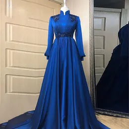 Royal Blue Caftan Evening Dresses Applique Formal Gown High Collar Puffy Sleeve Arabic Dubai Muslim Engagement Party Dress