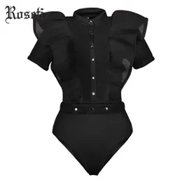 Rosetyczny czarni kombinezony dla kobiet Gothic Combinaison Femme Sexy Body Kobiety One Piece Mesh Body Odzież damska Romper T200702