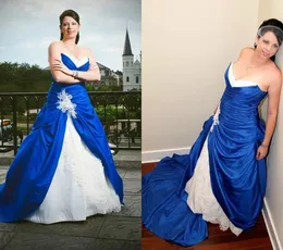 Royal Blue and White Princess Cheap Wedding Dresses Sweetheart Lace Taffeta Ruched Court Train Wedding Bridal Gowns Vestidos De Novia V99