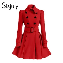 Sisjuly kırmızı yün kadın ceket kış palto kruvaze kemer ince ceket kadın moda siyah casual giyim vintage ceket 201112