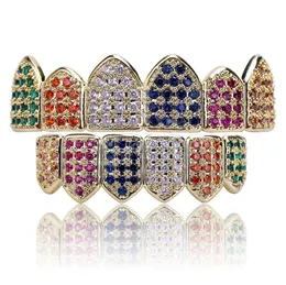 18K Złoto Multi-Color Micro Pave CZ lukierki out zęby Grillz Ustaw Górny i dolny biżuteria Bling Hip Hip