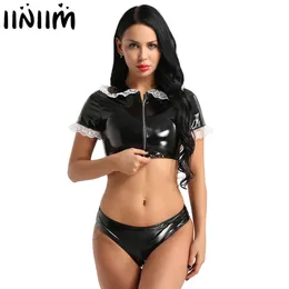 Womens Wetlook Latex Bodycon Clubwear Patent Leather Lingerie Set Turn-down Collar Crop Top with Zippered Crotchless Briefs T200702