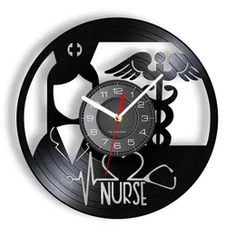 NP Sign Medical Caduceus Vinyl Record Zegar ścienny Plakat Practitioner Home Decor Zegarki Silent Clock Medical Professional Gift H1230