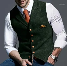 Mens Suit Vest Notched Plaid Wool Herringbone Tweed Waistcoat Casual Formal Business Groomman For Wedding1