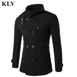 Mäns ullblandningar Partihandel-2021 Höst Vinter Mode Men Slim Double Row Button Lapel Collar Coat Jacket Male Casual Warm Zipper Solid