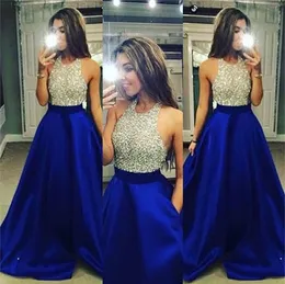 Amazing Halter Top Neck Full Beading Nude Bodie A-line Floor Length Royal Blue Lady Formal Evening Gowns Masque Party Dress With Pocket