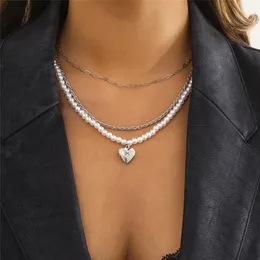 Goth Vintage Crystal Heart Pendant Choker Necklace Wedding Bride Multilayer Pearl Chain Women Neck Jewelry Accessories