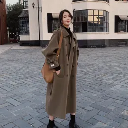 Vintage Army Green Cashmere Wool Coat Women Winter Clothes Long Sleeve Double-breasted Loose Overcoat Belted Woolen Outerwear LJ201106