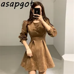 Asapgot korea chic elegant ljus mogen kvinna höst vinter temperament retro midja smal rund hals mini klänning kvinnor full 201006