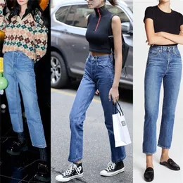 Cintura alta feminina cintura jeans slim namorado estilo casual selvagem tornozelo-comprimento feminino jeans lj201029