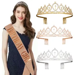 Birthday Girl Sash Rhinestone Tiara Kit - Rose Gold Glitter Glitter Crown's Party Favors Prezent
