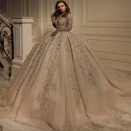 Luxury Ball Gown Bröllopsklänningar Arabiska Dubai Glitter Crystal Sequins Pärlor Appliqued Lace Bridal Gowns Chic Long Sleeves Vestidos de Novia