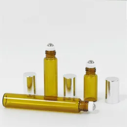 Bärbar 10ml Mini Roll på glasögon Flaskor Fragrance Perfume Amber Brown Tjock Glas Essential Oljeflaska Stål Metall Roller Ball DH6988