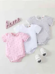 Baby 3pcs Polka Dot & Striped Lace Trim Keyhole Back Bodysuit SHE